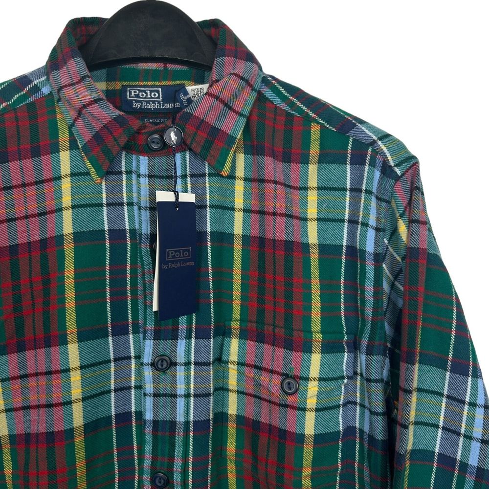 New Polo Ralph Lauren Mens 4xb Big Flannel Plaid Chest Pocket Mid-Weight Green
